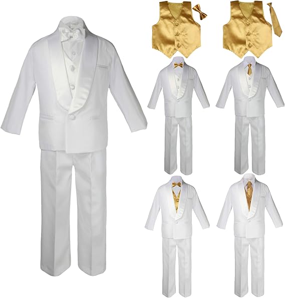 Baby Kids Child Kid Toddler Boy Teen Formal Wedding Party White Shawl Lapel Suit Set Gold Satin Vest & Bow Tie Sm-20