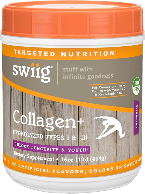 swiig Collagen+ Protein Powder 1lb Supports Skin, Hair, Nails & Joint Health 20g Grass-Fed Bovine Collagen per Serving, Gluten-Free, No Artificial Ingredients