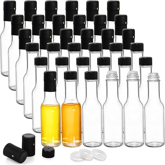 Cedilis 36 Pack Hot Sauce Bottles, 3oz/100ml Small Glass Bottle, Mini Glass Liquor Bottles with Shrink Capsule, Black Screw Caps, Clear Woozy Bottle for Sauces, Oils, Vinegar, Home Brewing, Party