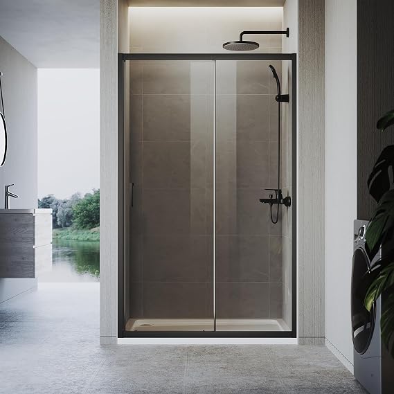 1000mm Black Sliding Shower Enclosure 6mm Safety Tempered Gray Glass Screen Smooth Sliding Shower Door Reversible for Wet Room Bathroom Cubicle Screen Door