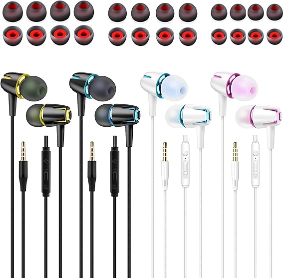 In-Ear Wired Noise Cancelling Headphones 4 Pairs Earphones with Microphone | Volume Control & Noise Isolating, Deep Bass Earbuds with 12 Pairs Replacement Earplugs Compatible with iPad Smartphones Lap