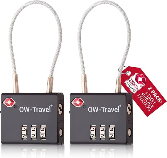 OW-Travel Suitcase Locks, TSA Approved Luggage Padlocks, Black, 2 Pack | 3 digit cable combination luggage locks for suitcases, hand luggage cabin bags, travel bags, backpacks, lockers, zipper cases