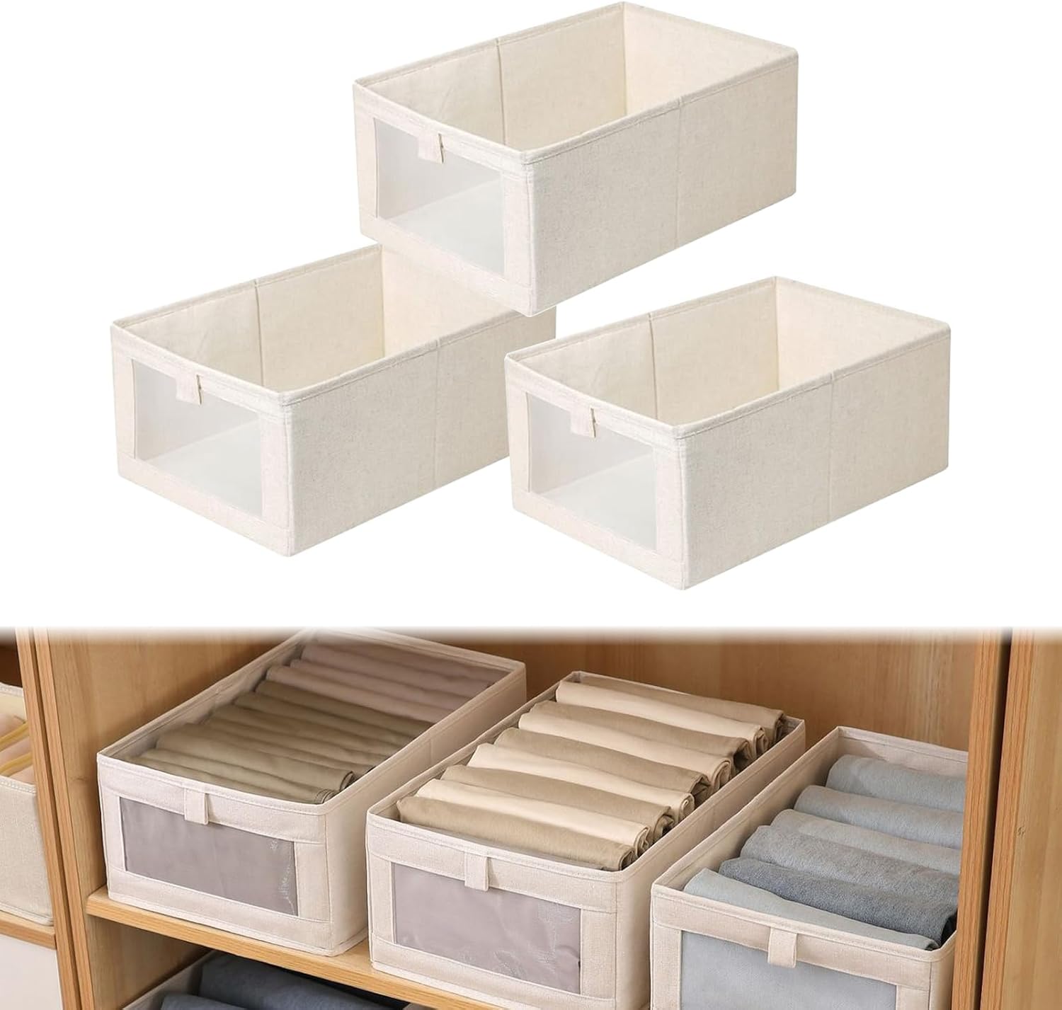 Drawer Organisers Foldable Linen Storage Box 3 Pack Fabric Wardrobe Storage Boxes with Clear Window Clothes Organiser 41 x 28 x 17 cm for Jackets Trousers Cloak Suits Scarves (Beige)