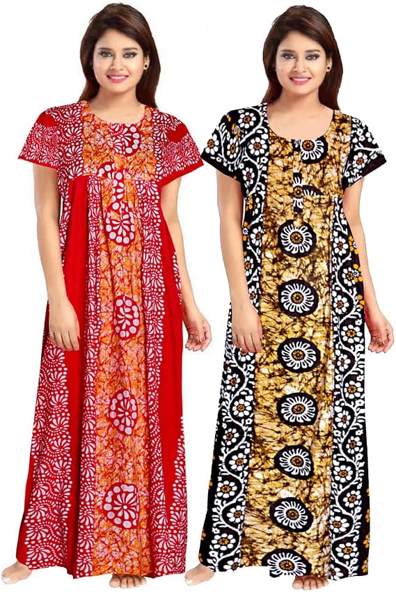 Women's Batik Printed Soft 100 percent Cotton Nighty and Nightgown for Women Sleepwear Indian Ladies Nightdress XL Nighties Pack of 2 - Red and Black, One Size
