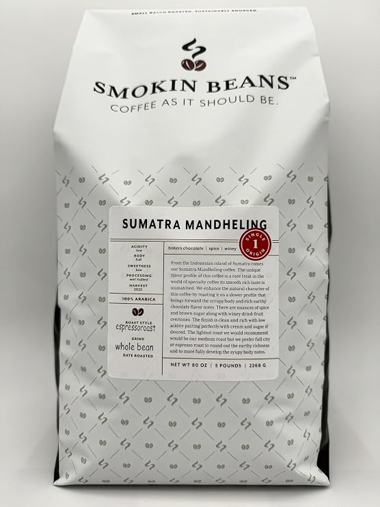 Smokin Beans Sumatra Mandheling, Whole Bean Coffee Espresso Roast 5-Lb, 1ct