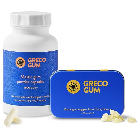 Greco Gum Mastic Nuggets & Capsules Bundle 2 Items: Pure Chios Mastiha Nuggets (1.59 Oz Tin) + Mastic Gum Capsules 500 Mg (60 Count)