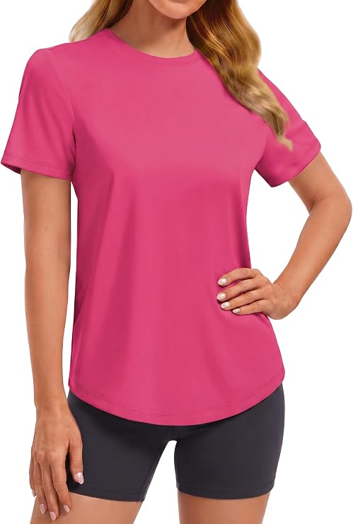PINSPARK Soft Workout Tops for Women Short Sleeve Crewneck Basic Tee Shirts | UPF 50+,Quick Dry,Moisture-wicking,Regular Fit,Tagless,Hip Length,Curved Hem,Hiking,Running,Gardening,Casual