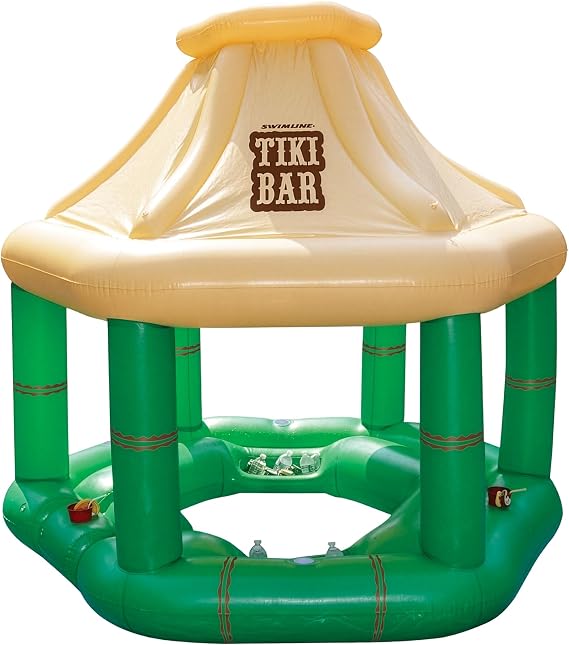 7.5' Cream and Green Tropical Inflatable Swimming Pool Floating Tiki Bar