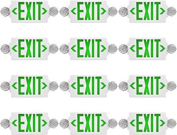 LED Emergency Light & Exit Sign Combo, Green Exit Sign, UL Certified, Adjustable Lamps with Back-up Battery for Business (Green 12 pack)