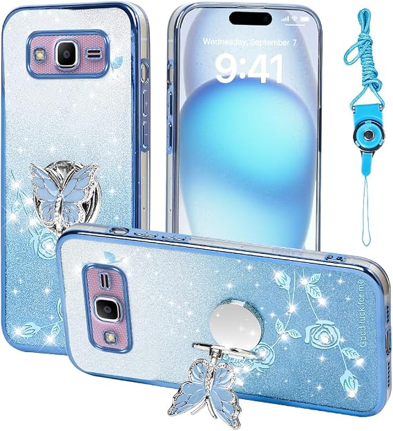 for Samsung Galaxy J2 Prime Phone Case,for Samsung J2 Ace Mobile Phone Case for Women and Girl, Glitter Butterfly Floral TPU Protective Cover with Kickstand+Strap for Samsung G530 (Blue)