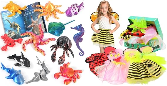 Girls Princess Dress up Trunk with 3D Printed Animal Toys, Desk Pets Sea Animal Toys with Educational Booklet for Kids Age 3 4 5 6