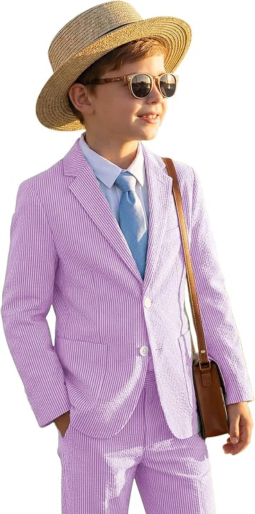 Boys Seersucker Suit 2 Piece Tuxedo for Boy Suits Striped Blazer Pants Set Kids Summer Beach Wedding Sut