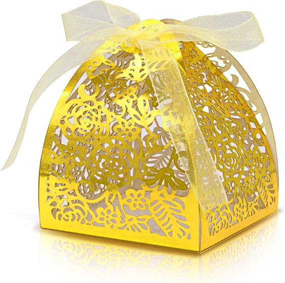 KPOSIYA Pack of 70 Laser Cut Rose Candy Boxes, Favor Boxes 2.5"x 2.5"x 3.1", Gift Boxes for Bridal Shower Anniverary Birthday Party Wedding Favor (Metallic Gold)