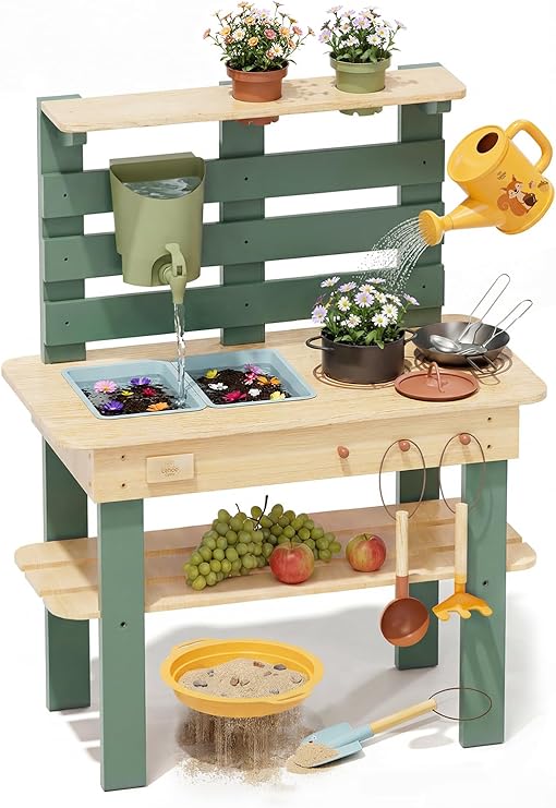 Lehoo Castle Mud Kitchen for Kids Outdoor, Wooden Play Kitchen with Real Faucet Sink, Pretend Play Kitchen Playset for Sensory Fun, Water, Cooking & Planting Toy for Toddler Boys Girls Ages 3+
