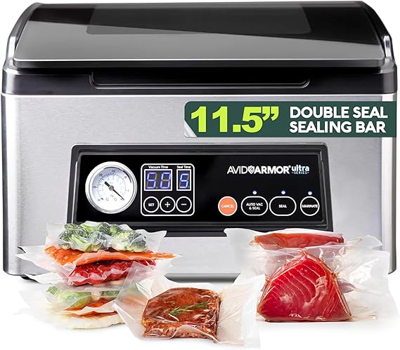 Avid Armor USV32 Chamber Vacuum Sealer Machine 11.5" Sealing Bar, Glass Lid, Seal Meats, Soups, Sauces & Liquids, Marinate in Minutes, Sous Vide Ready, Accessory Hose Included, Stainless Steel