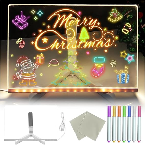 Led Note Board with Colors, Led Light Up Acrylic Message Board 7 Colors Pen/Stand, Led Drawing Writing Board for Kids, Arts Doodle Note Board for Office School Home (30x20CM)