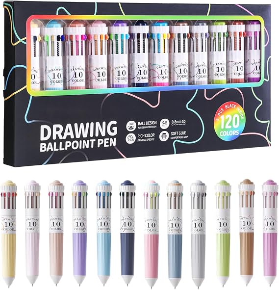 12 Pack Multicolor Ballpoint Pen, 10-in-1 Colored Pens, 0.8mm Tip
