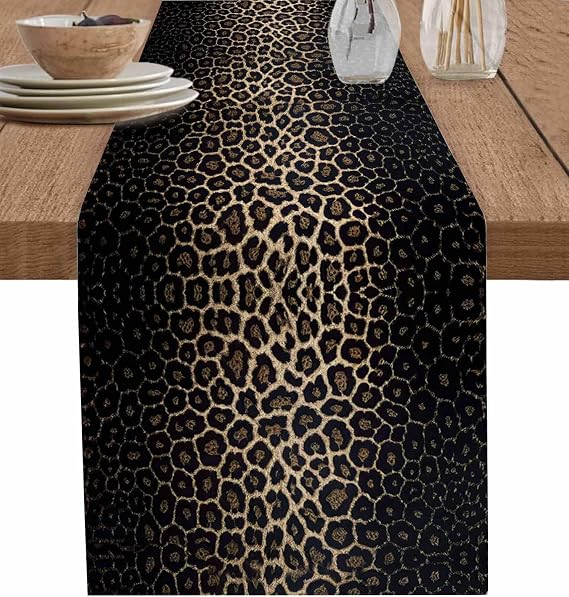DecorLovee Leopard Print Table Runners 72 Inches Long, Chic Abstract Black Brown Animals Texture Farmhouse Table Runner Dress Scarves, Decorative Coffee Tablerunner for Kitchen Island/Party 13"x72"