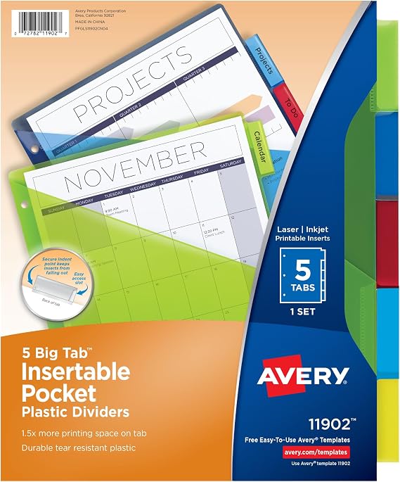 Avery Big Tab Insertable Plastic Dividers, 5-Tab, Multicolor, 1 Set