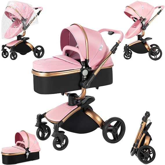 360 Rotatable PU Leather 2 in 1 Baby Stroller, Convertible Reversible Infant Stroller, Newborn Travel Pram with One-Click Folding, Toddler Carriage (HR005-Pink)