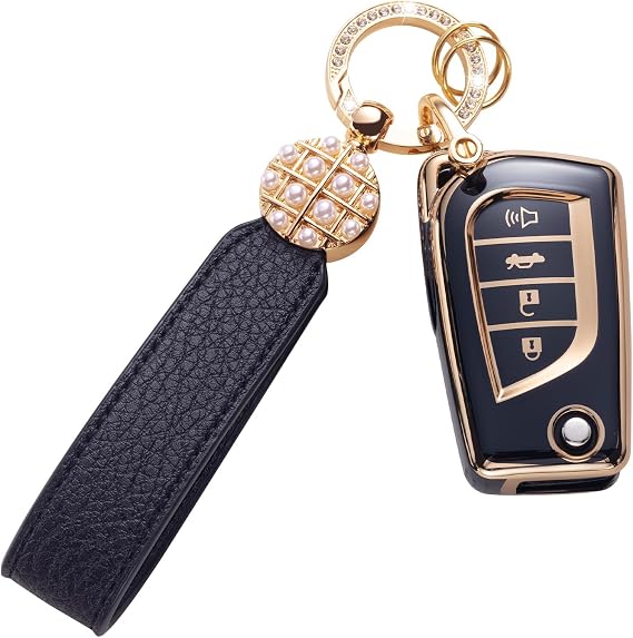 for Toyota Key Fob Cover with Leather Lanyard, Key Case Protection Shell Fit for Toyota Fortuner Tundra Camry RAV4 Highlander Corolla Smart Key Holder, Black