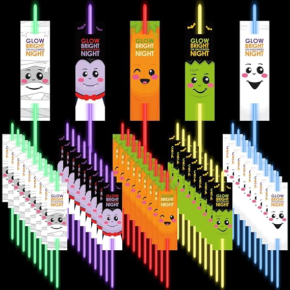 Demonwer 50 Packs Halloween Gifts Cards with 50 Glow Sticks Glow Bright Night Cards with Glow Stick Pumpkin Ghost Cards for Party Supplies