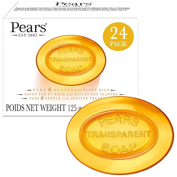 Pears Soap, Pure & Gentle with Natural Oils, 24-Pack Transparent Amber Glycerin Soap for Pampered, Glowing Skin, 4.4 Oz Ea