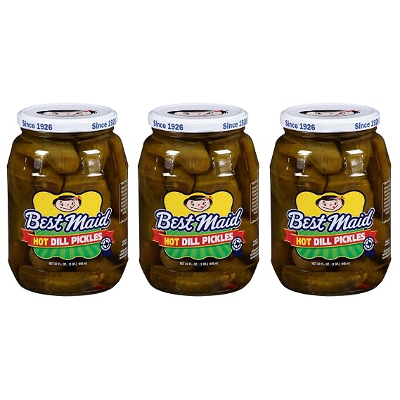 Best Maid 32 Ounce Glass Jar Pickles - Delicious and Crisp with Every Bite (3 Pack, Hot Dill Pickles)