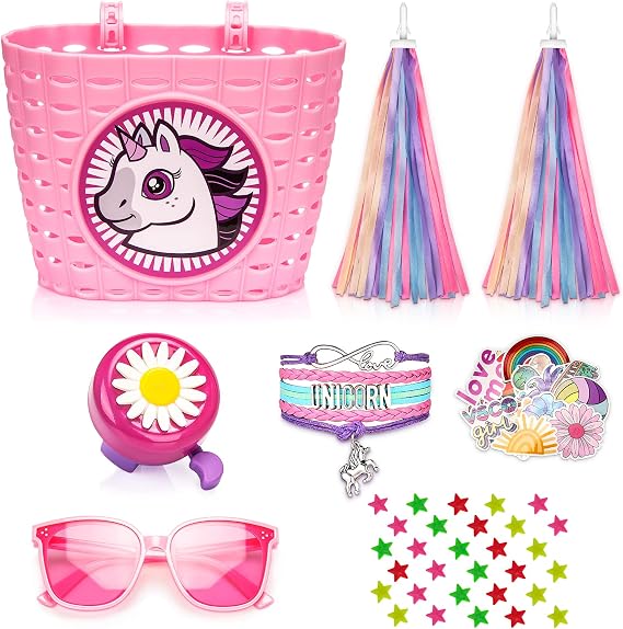 Kids Bike Basket for Girls,Handlebar Bicycle Basket with Bike Bell, Streamers, Stickers,Riding Sunglasses,Bike Decoration Accessories Set for Girls