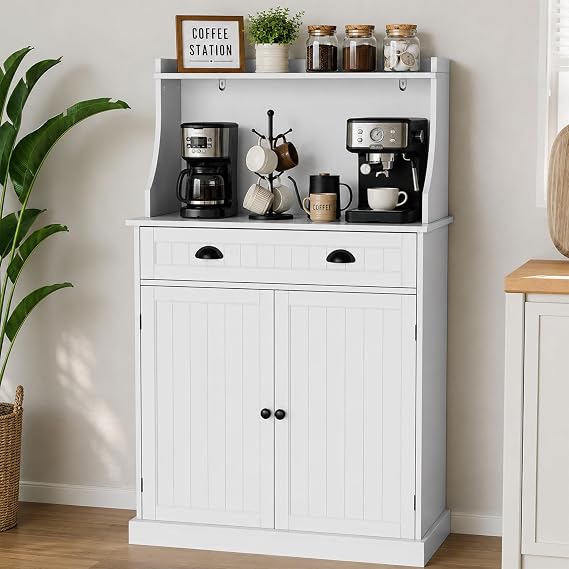 HOLTICO Farmhouse Microwave Storage Cabinet with Doors, White