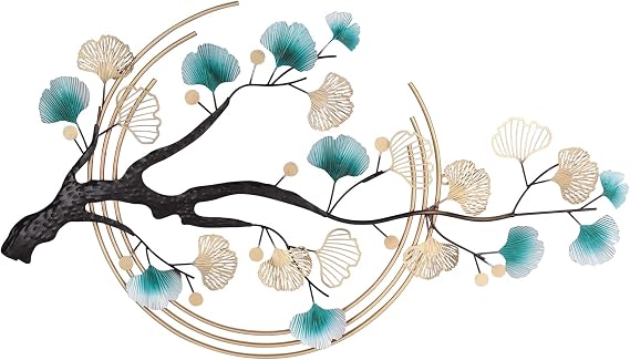 SanBouSi Large Luxury Golden 3D Ginkgo Leaf Metal Wall Decor Large Modern Metal Wall Art Sculpture Green Ginkgo Decorative Wall Sculpture for Living Room Bedroom 43inch
