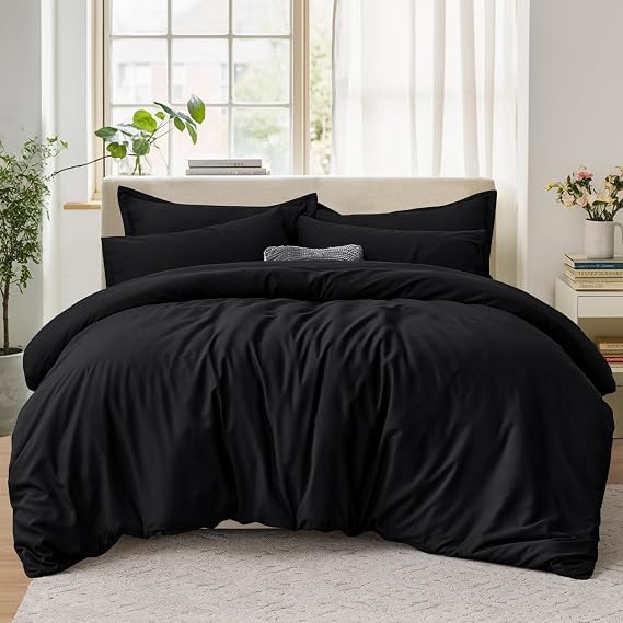 Double Duvet Set - Bedding Double Bed Set with 2 Pillowcases - Ultrasoft Brushed Microfiber Duvet Cover with Zip Fastening, Black (200x200)