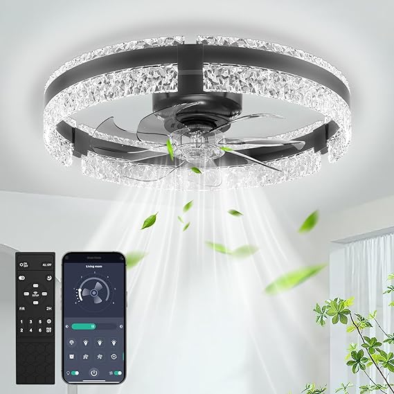 Deckenventilator mit Beleuchtung Ø50cm 6 Windstufen Leise &amp; 3 Farbtemperaturen Deckenlampe mit Ventilator Deckenleuchte mit APP Fernbedienung für Schlafzimmer Wohnzimmer Schwarzes Diamantdesign [Energieklasse F]