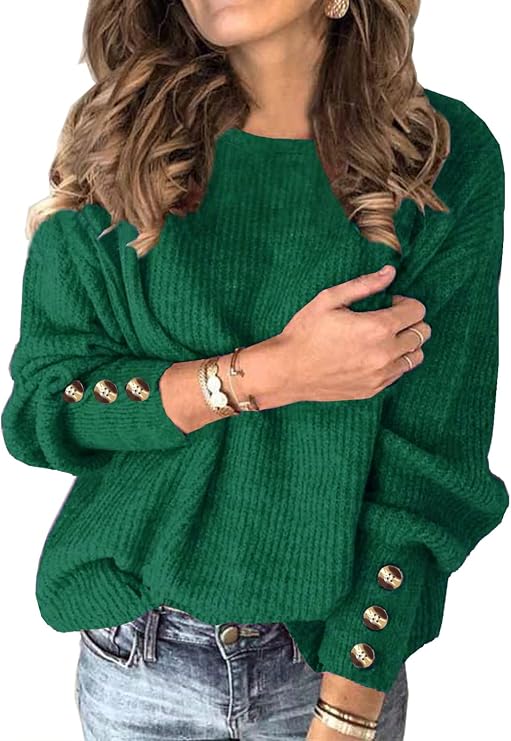 Womens Pullover Sweaters Batwing Long Sleeve Crewneck Casual Loose Knit Jumper Tops with Buttons