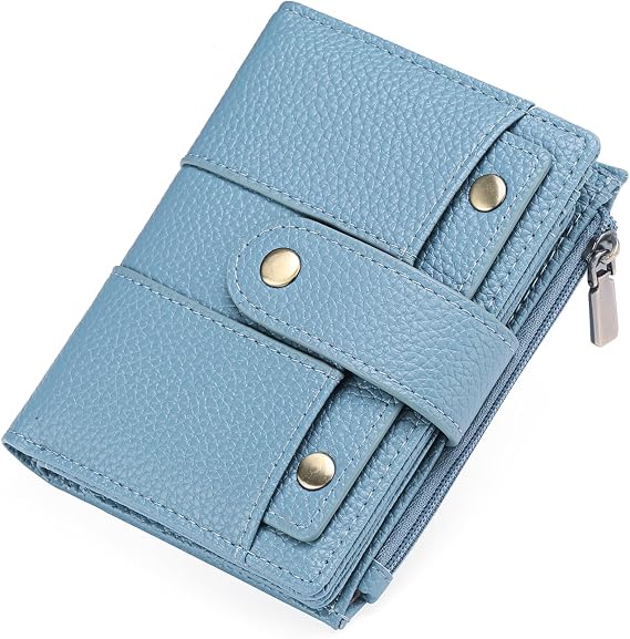 GOIACII Small Wallet Women Rfid Blocking Genuine Leather Compact Bifold Card Holder for Women with Zipper Coin Pocket 2 ID Windows, D03 Blue, S, Classic