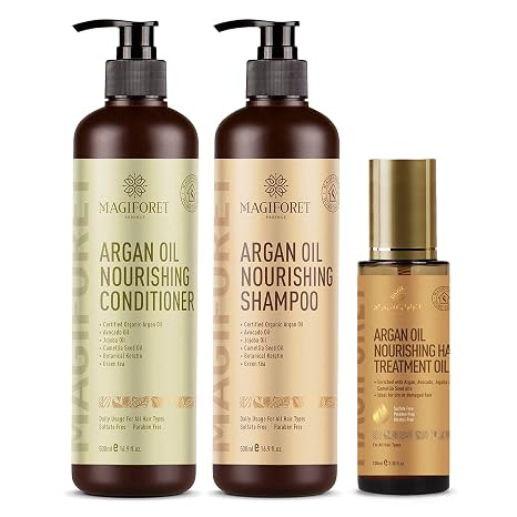 MagiForet Hair Care Set with Argan Oil Shampoo 500 ml + Conditioner 500 ml + Hair Serum 100 ml Anti Frizz Sulphate Free Paraben-Free - Nourishes Curls Frizzy and Colour-Treated Hair Soft and