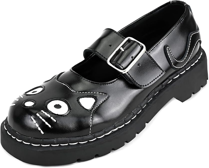 T.U.K. Kitty Cat Mary Jane Shoes for Women, Round Toe Ankle Strap Oxford Shoes