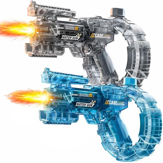 2Pcs Electric Water Gun, Transparent Automatic Squirt Gun with Manual Mode & LED Lights, Beach & Party Toys, Two Types of Water Buckets. (Type-A)