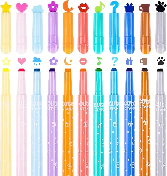NiArt 11-Pack Cute Candy Color Highlighters with Mini Stamper Tips for Coloring, Drawing, Illustrating, Journaling and Art Crafts, Creative School Classroom Self-Inking Stationery for Kids