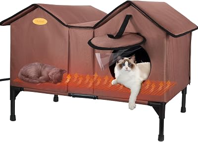 Large Heated Cat House for Outside in Winter, Elevated Waterproof Insulated Outdoor Feral Cat House Shelter for Multiple Cats Small Dogs Brown