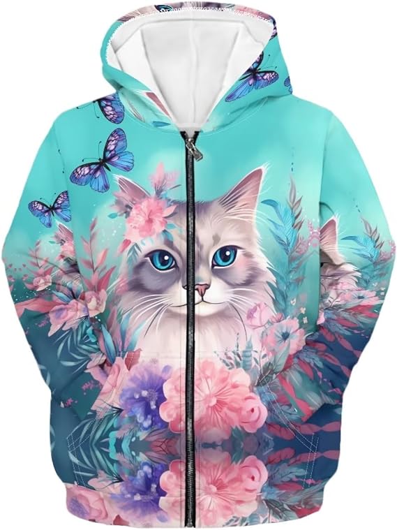 Floral Animal Print Hoodies for Girls Casual Soft Cute Zip Up Hoodie with Pockets Hooded Sweatshirts