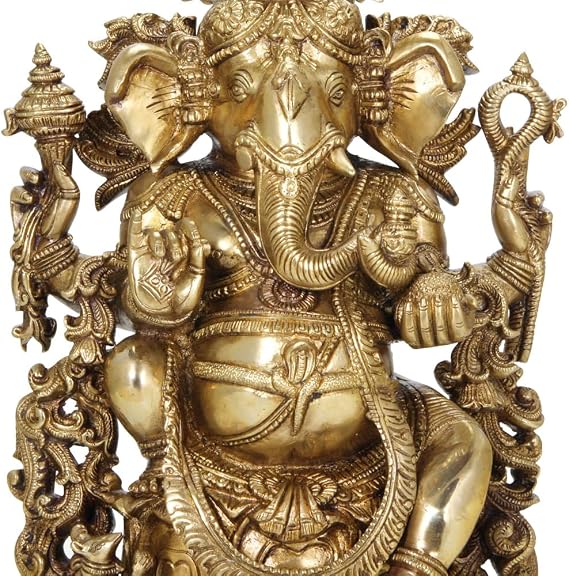 Buddha Groove Intricate Brass Ganesh Statue with Artistic Details Giving Blessings, 14.5" Tall