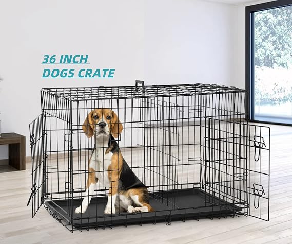 36 Inch Small Dog Crate Doge cage Folding Dog Kennels Metal Wire Pet Crates Puppy Dogs Cages Animal Training Cage Crate with Double Door, Waterproof Tray, Handle and Divider