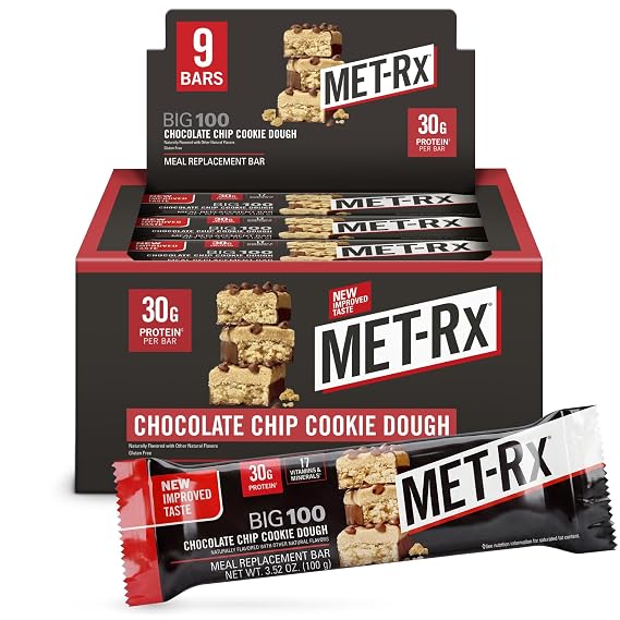 MET-Rx Big 100 Protein Bars, Chocolate Chip Cookie Dough, 30g Protein, 9 Ct