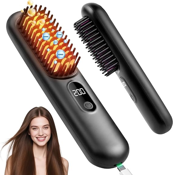 Go Brush Pro 2026, Cordless Hair Straightener Brush, Mini Hair Straightener with 4 Temperature Settings, Portable Hair Straightener Brush with MCH