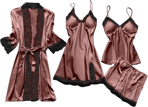 Pajamas for Women Silk Pajama Set 4pcs Robe Lingerie Satin Sleepwear Nightdress Lace Nightgown Sexy Set
