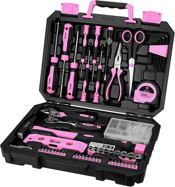 DEKO 138 Piece Pink Tool Kit Complete Home Tool Set with Claw Hammer, Adjustable Wrench, Combination Pliers, Screwdriver Set, Tape Measure - Basic Household Repair Toolbox for DIY Projects
