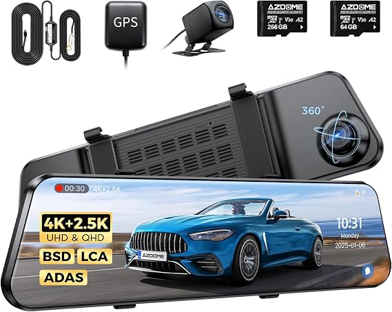 AZDOME PG17 Max Mirror Dash Cam with 256GB TF Card and 3-Lead Type-C USB Hardwire Kit (JYX05)