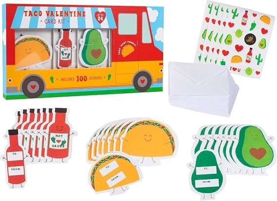 24 Pack Taco Truck Valentines Day Cards with Stickers & Envelopes for Kids - School Classroom Exchange Parties for Boys & Girls 4+