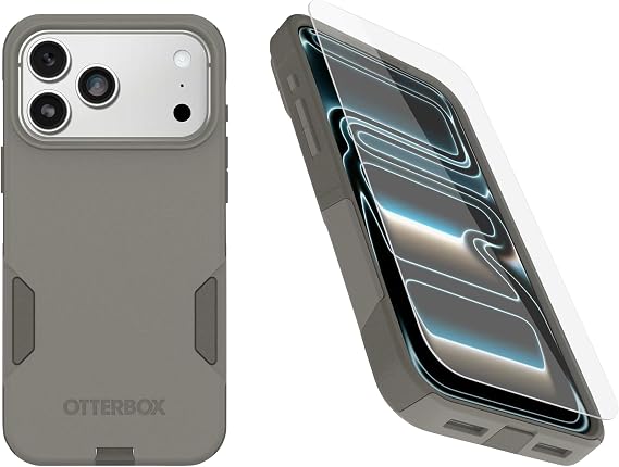 OtterBox iPhone 17 Pro Max (Only) Bundle: Commuter Series MagSafe Case & Screen Protector - Grey Comfort (Beige) - Built-in Magnets - Thin & Protective - with Port Protection